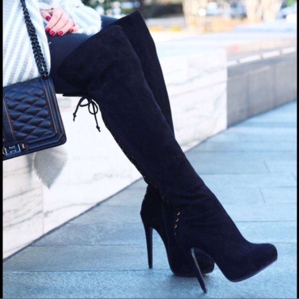 Steve Madden Ladysnte Lace Up Thigh High Boots Platform Black Faux Suede SZ 6.5